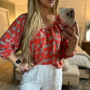 Chic Coral and Grey Silk Floral Blouse for Women